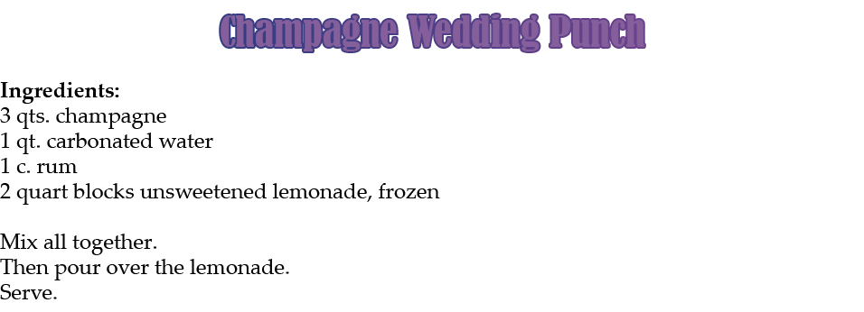 Champagne Wedding Punch Ingredients: 3 qts. champagne 1 qt. carbonated water 1 c. rum 2 quart blocks unsweetened lemo...