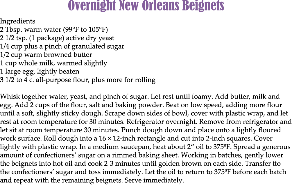 Overnight New Orleans Beignets Ingredients 2 Tbsp. warm water (99°F to 105°F) 2 1/2 tsp. (1 package) active dry yeast...